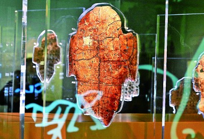 河南安陽(yáng)殷墟博物館新館內(nèi)展出的刻辭卜甲。 新華社記者 李安攝