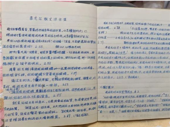 除了孫犁，李躍慧也十分喜愛泰戈?duì)枺@是她手抄的部分泰戈?duì)栐姼?></p>
<p style=